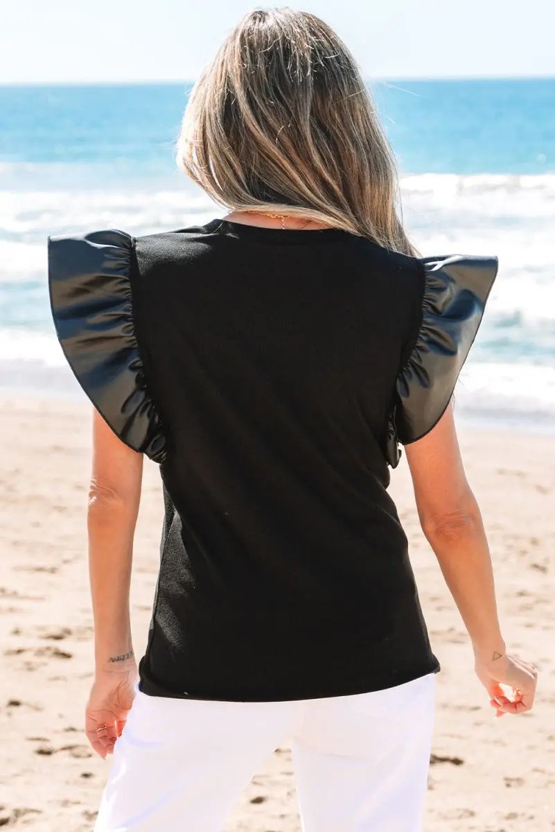 Black Leather Ruffle Sleeve Patchwork Round Neck Blouse - Love Salve